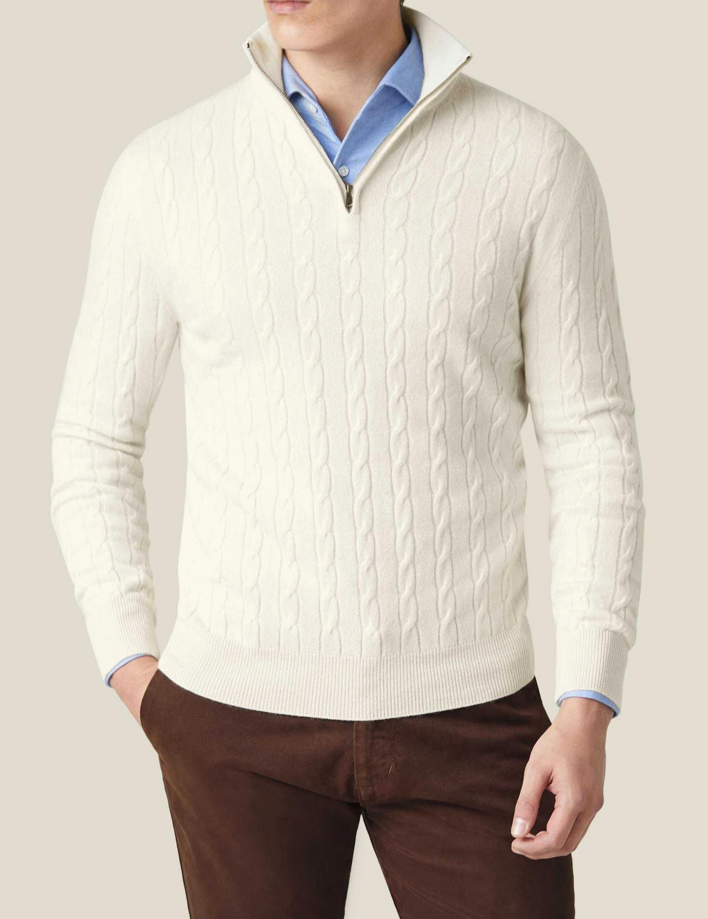 Pull Torsadé En Mélange Laine Avec Zip Demi Pour Style Smart Casual et Confort Quotidien