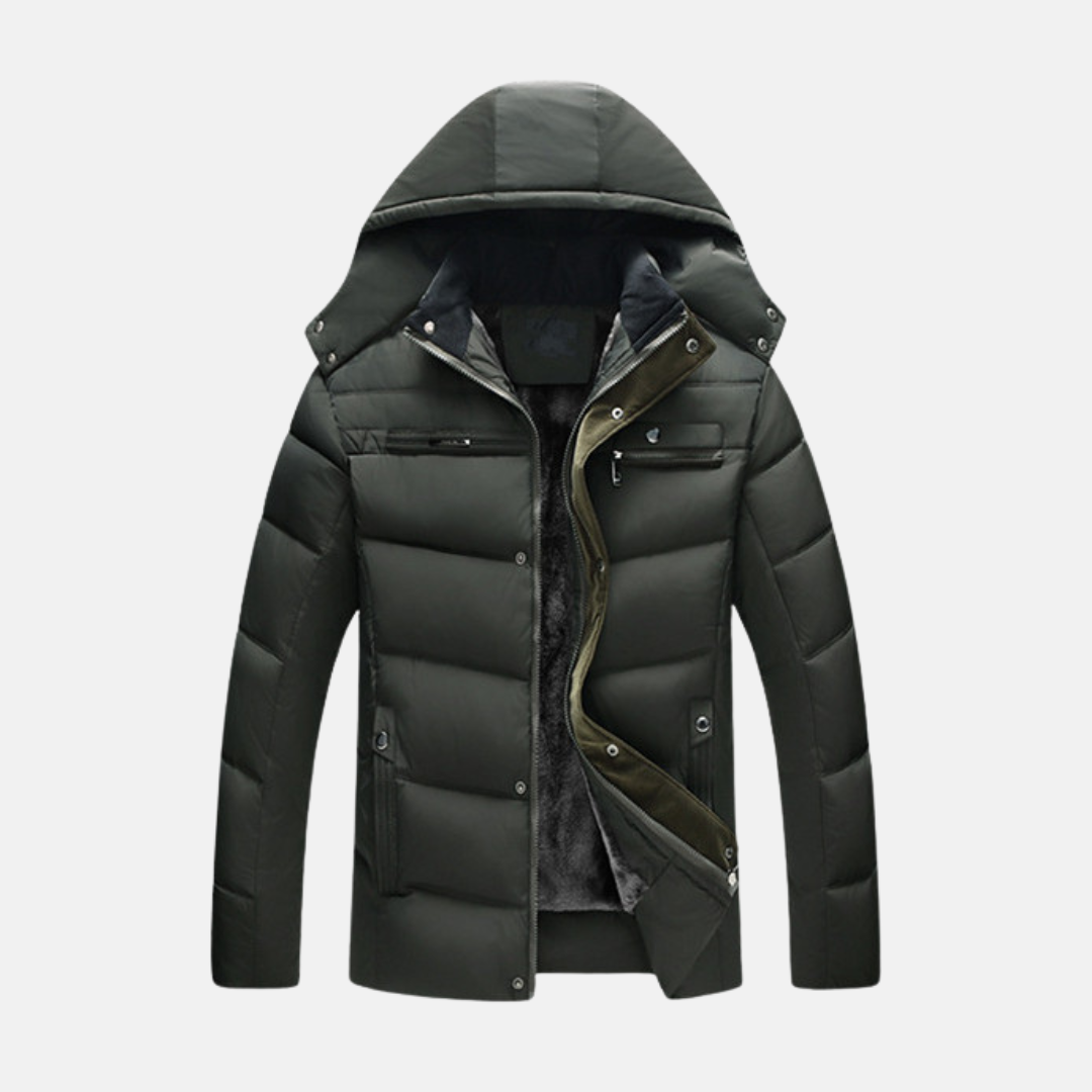 Manteau Homme Puffer Imperméable Quilté Avec Capuche Doublée Polaire Et Fermeture Snap Zip Amawinc