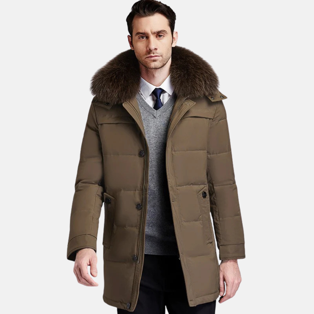 Doudoune Homme Avec Bordure En Fourrure Détachable Col Montant Mi Long Tissé Pour L Hiver