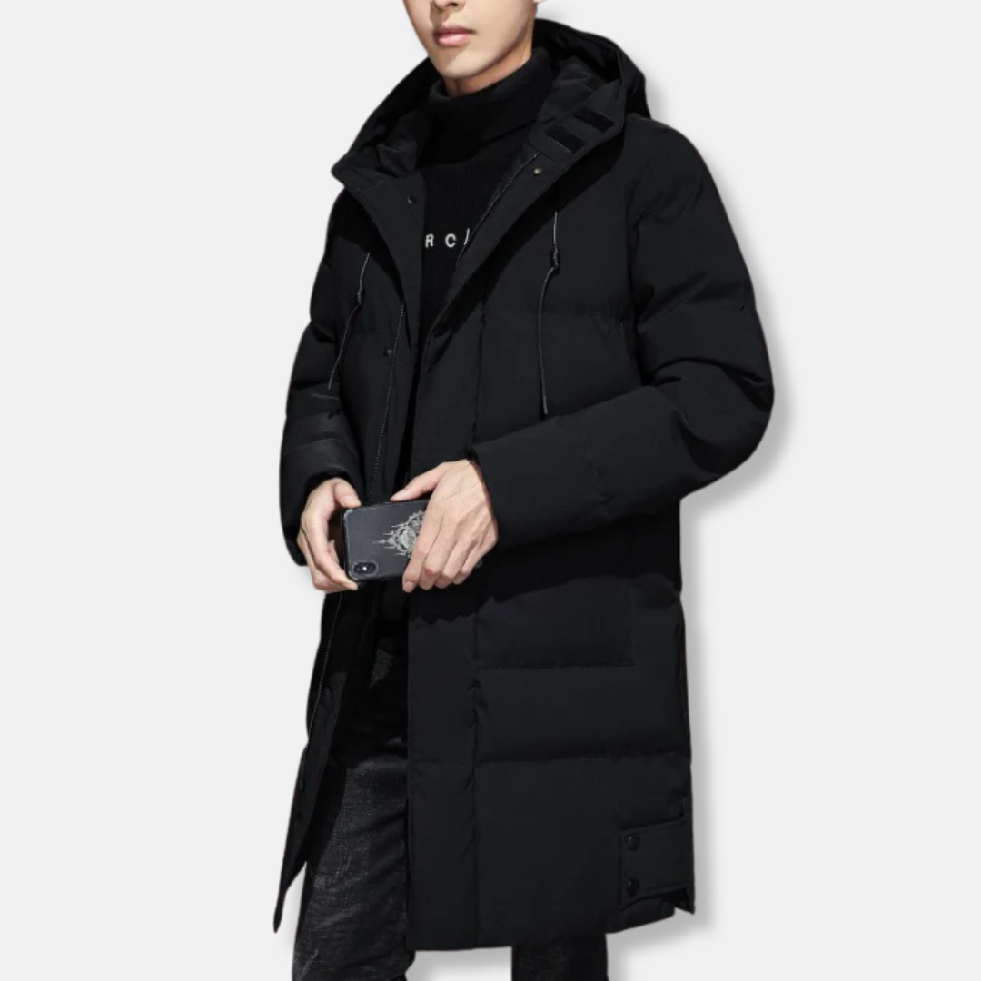 Veste Longue Matelassée À Capuche Pour Homme Avec Zip Devant Et Poignets Côtelés Coupe Standard Amawinc