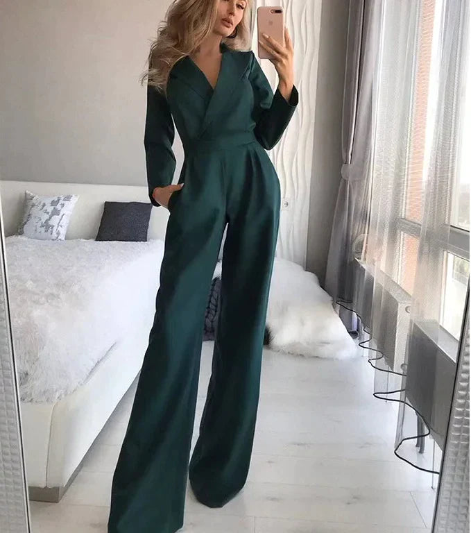Combinaison Femme Élégante Coupe Sur Mesure Avec Encolure V Manches Longues Jambes Évasées