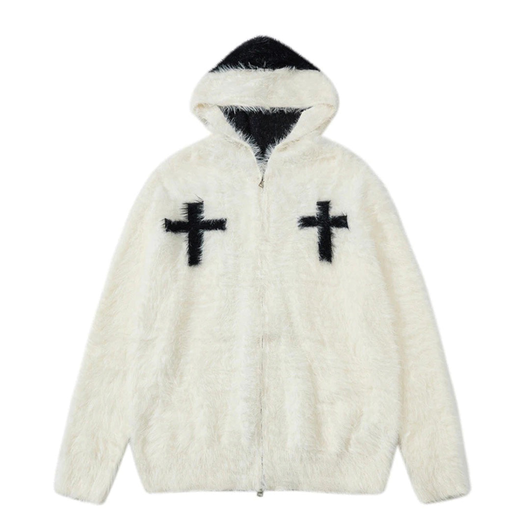 Veste À Capuche Réversible En Fausse Fourrure Double Face Avec Motifs Croix Brodés Et Coton Pour Streetwear