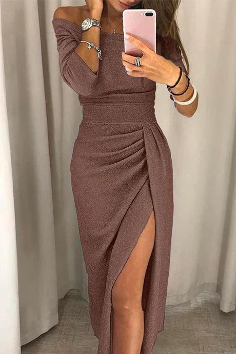 Robe de Soirée pour Femmes Amawinc Épaule Dégagée Ajustée Fente Haute Finition Brillante