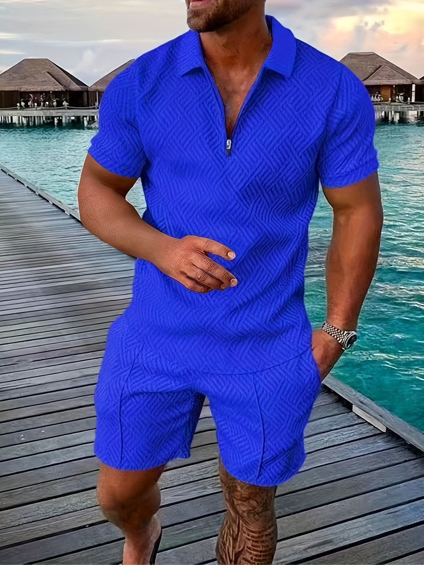 Combinaison Homme Respirante En Coton Mélangé À Manches Courtes Avec Fermeture Éclair Motif Géométrique