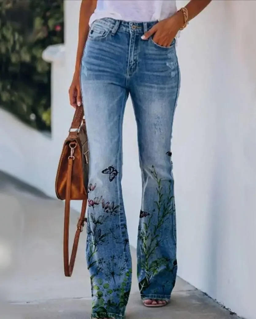 Jean Femme Floral Imprimé Rétro En Denim Confortable Coton Mélangé Pour Tous Les Jours