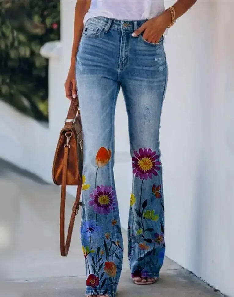 Jean Femme Floral Imprimé Rétro En Denim Confortable Coton Mélangé Pour Tous Les Jours