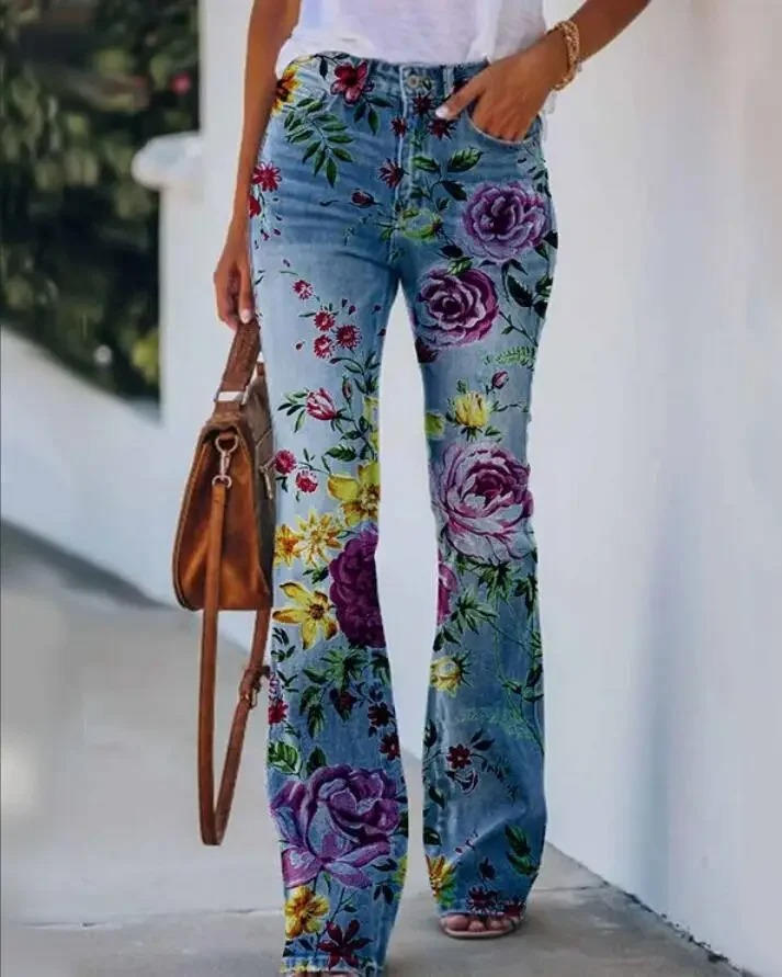 Jean Femme Floral Imprimé Rétro En Denim Confortable Coton Mélangé Pour Tous Les Jours