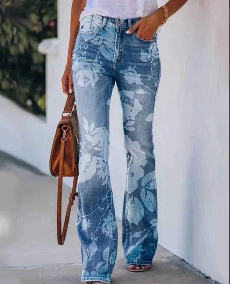 Jean Femme Floral Imprimé Rétro En Denim Confortable Coton Mélangé Pour Tous Les Jours