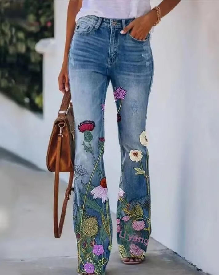 Jean Femme Floral Imprimé Rétro En Denim Confortable Coton Mélangé Pour Tous Les Jours