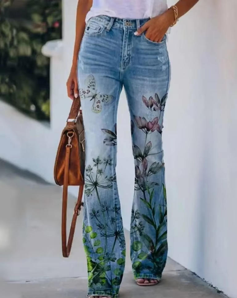 Jean Femme Floral Imprimé Rétro En Denim Confortable Coton Mélangé Pour Tous Les Jours