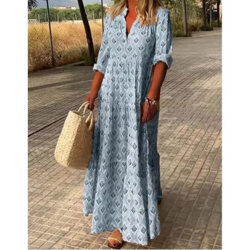 Robe Maxi Été Vintage Grande Taille À Col Montant Et Manches Longues Pour Silhouette Élégante Et Confortable