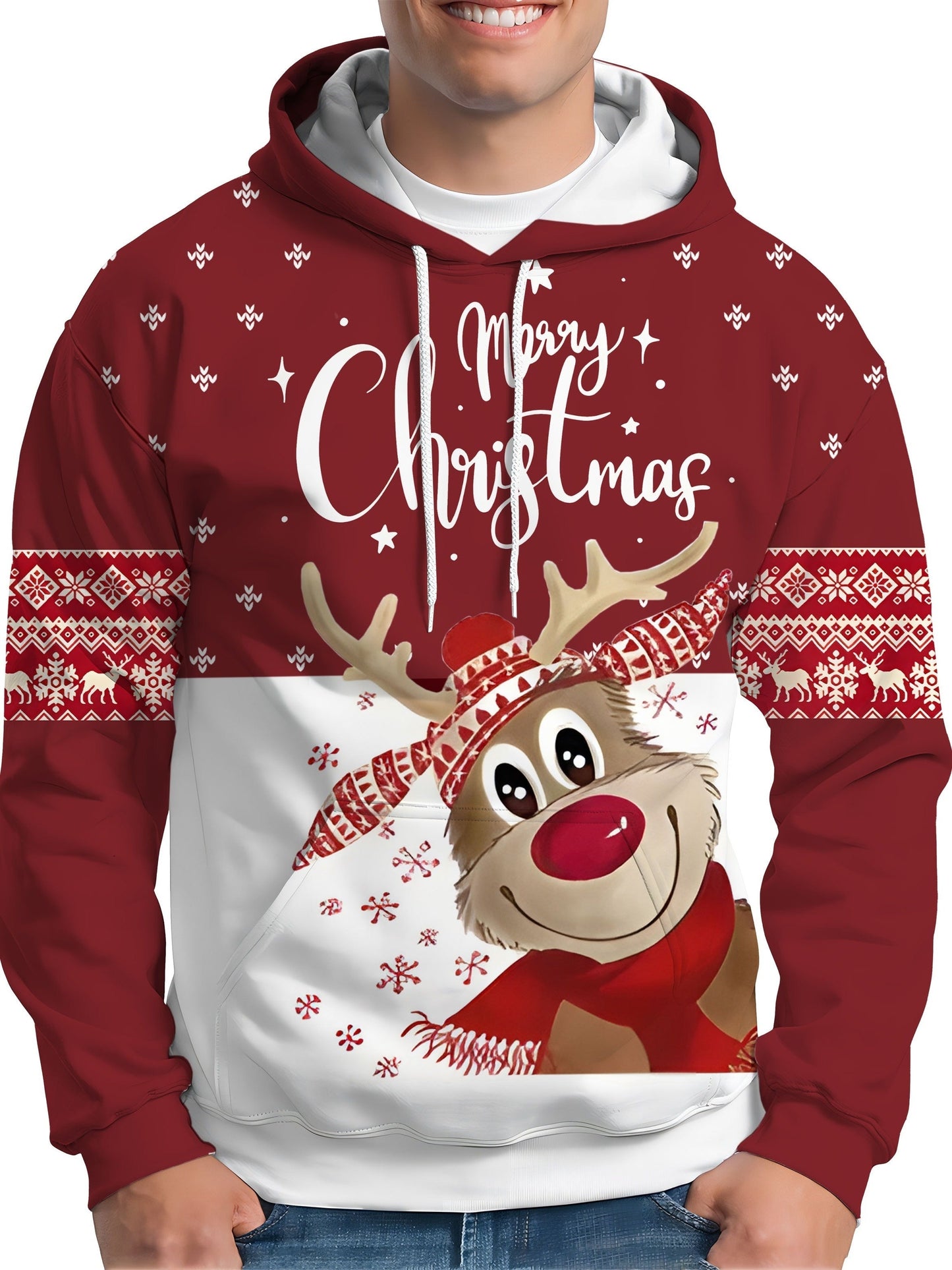 Amawinc | Hoodie mit Weihnachtsdruck Polyester Frohe Weihnachten Rentier Design