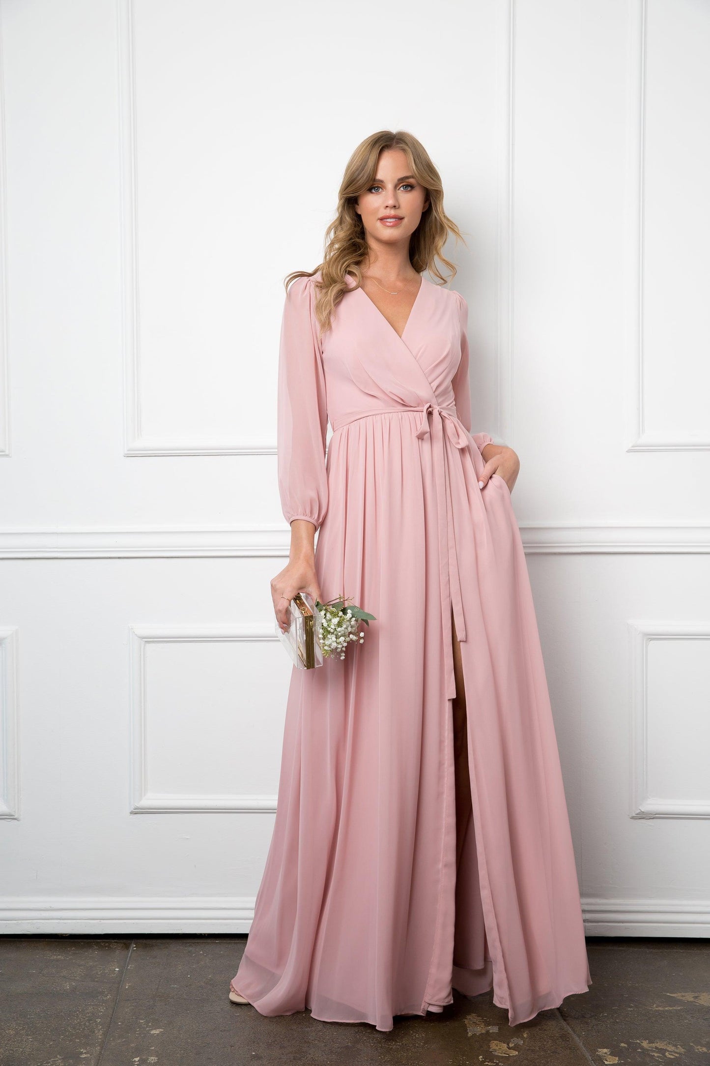 Robe Longue Formelle Pour Mère De La Mariée Eva Fashion 3410 En Chiffon Manches Longues Décolleté En V Avec Fente Haute