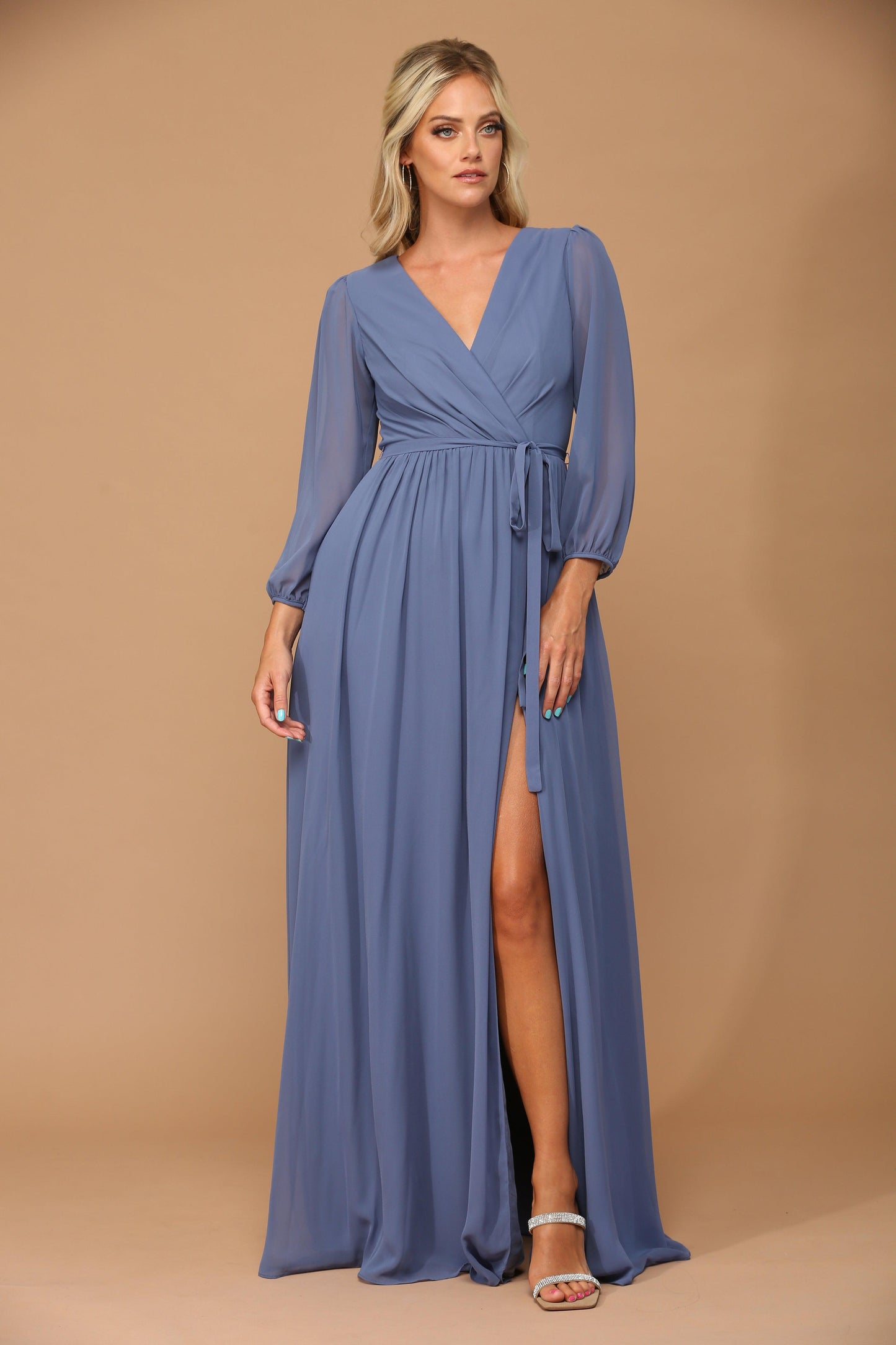 Robe Longue Formelle Pour Mère De La Mariée Eva Fashion 3410 En Chiffon Manches Longues Décolleté En V Avec Fente Haute