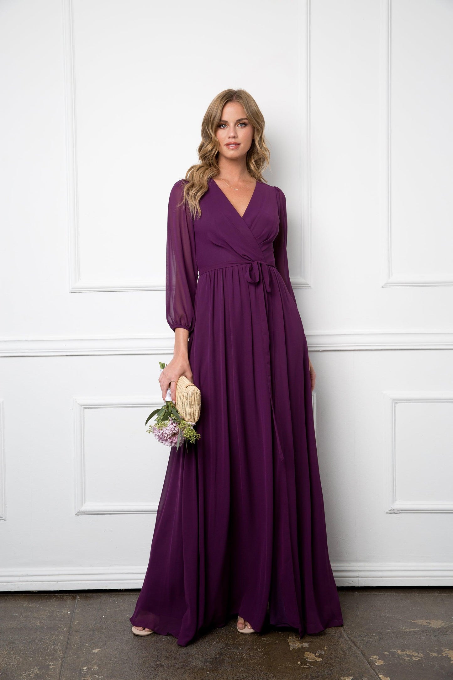 Robe Longue Formelle Pour Mère De La Mariée Eva Fashion 3410 En Chiffon Manches Longues Décolleté En V Avec Fente Haute