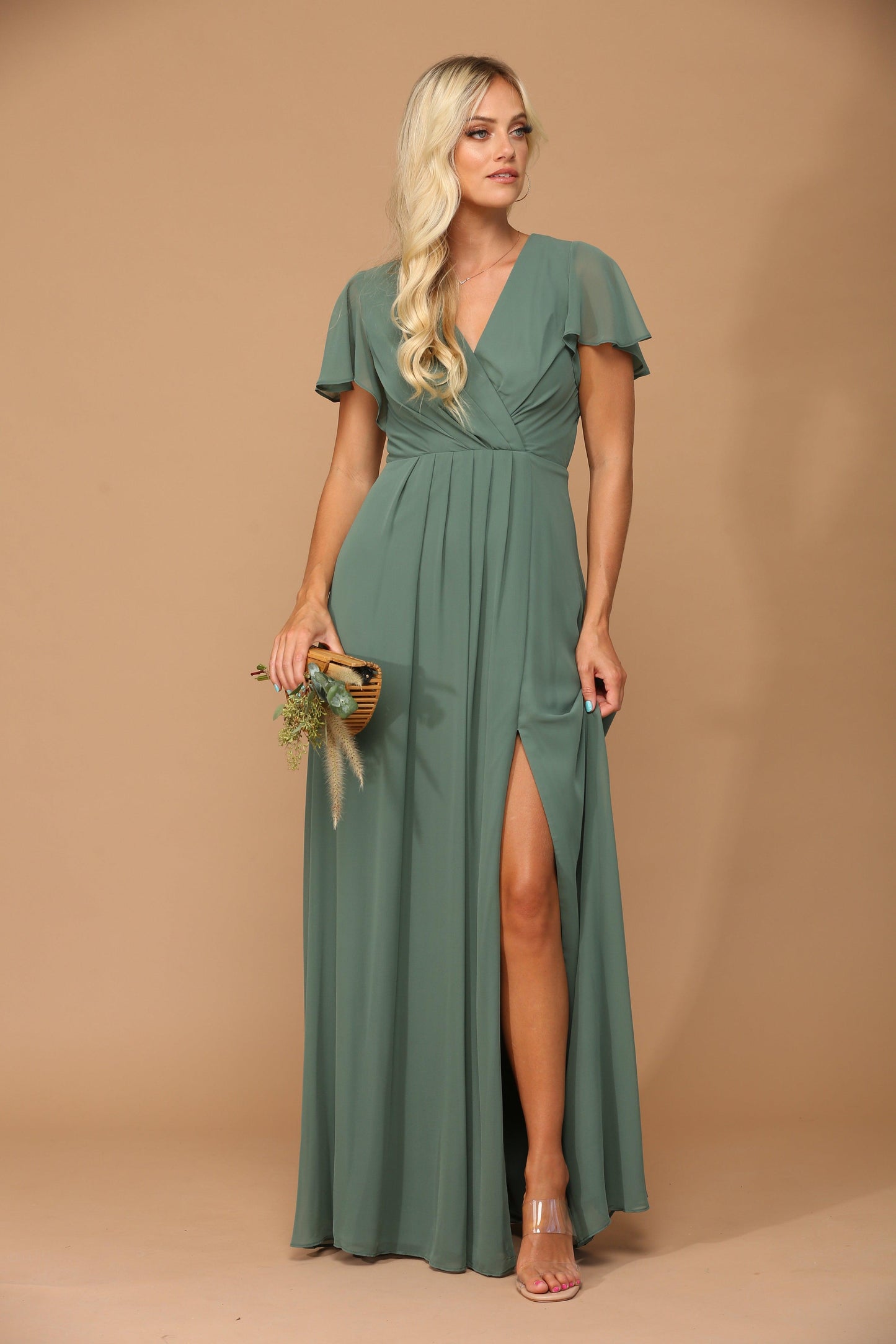 Robe En Chiffon Pour Mère De La Mariée À Manches Courtes Décolleté En V Et Fente Haute Longue