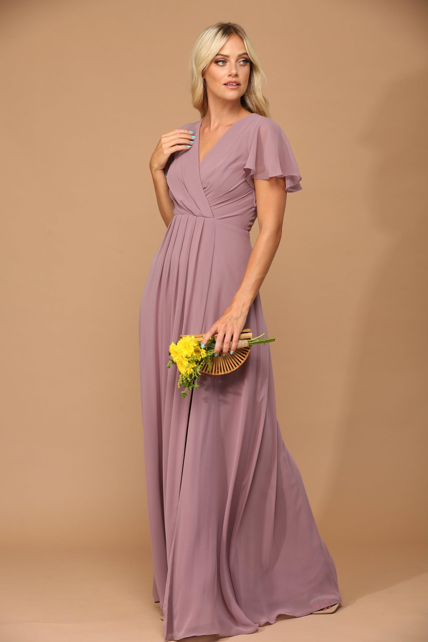Robe En Chiffon Pour Mère De La Mariée À Manches Courtes Décolleté En V Et Fente Haute Longue