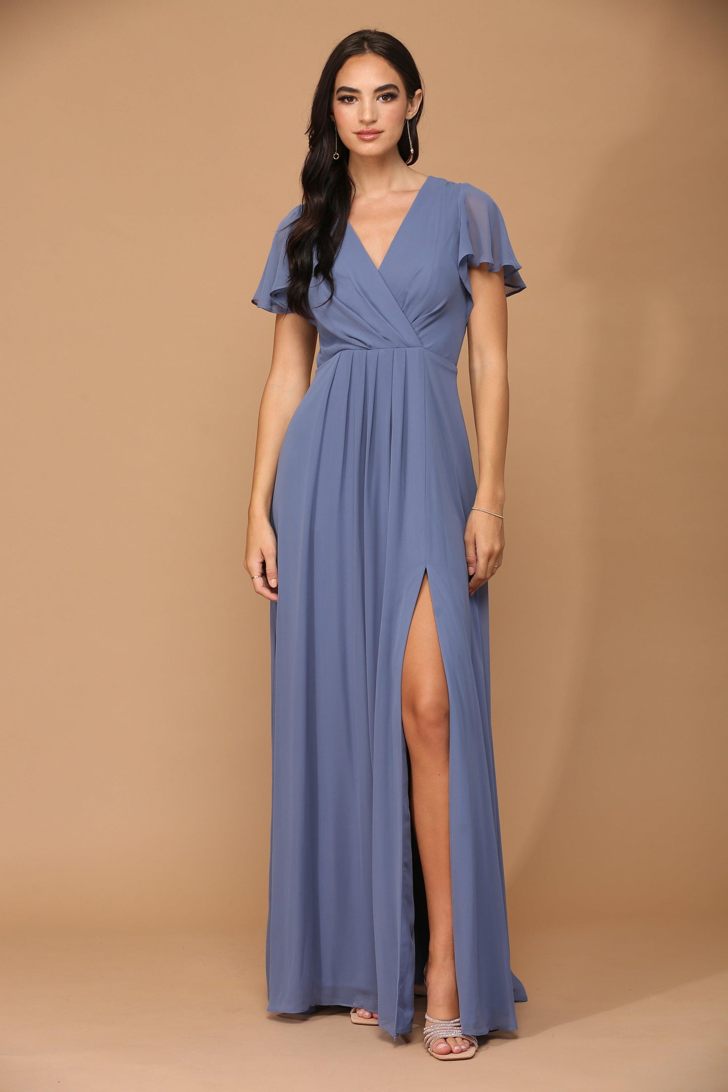 Robe En Chiffon Pour Mère De La Mariée À Manches Courtes Décolleté En V Et Fente Haute Longue