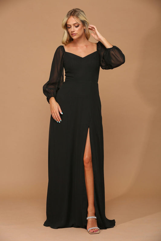 Black L Long Sleeve Formal Chiffon Dress Sale - Amawinc