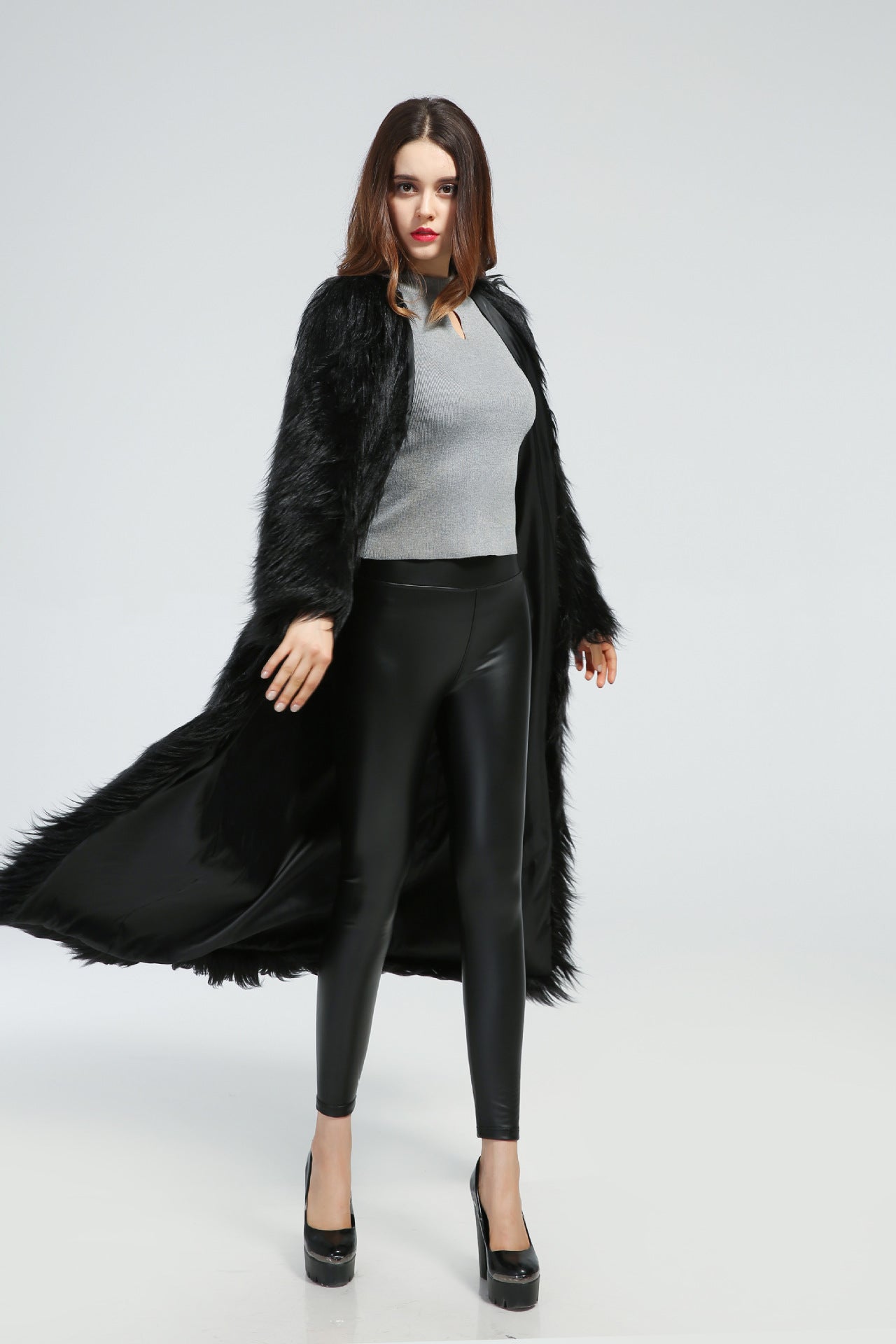 Damen Eleganter Midikleid mit luxuriösem Kunstfell Amawinc