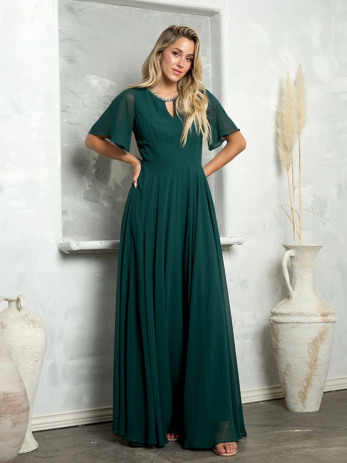 Robe Longue en Chiffon Ornée de Perles pour Mère Mariée Eva Fashion 3468 avec Manches Cloche
