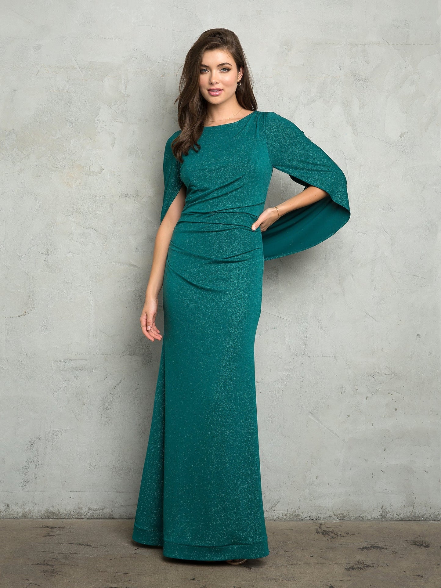 Robe Longue Pailletée Pour Mère De La Mariée En Jersey Avec Dos Drapé Et Fronces Devant Coupe Évasée