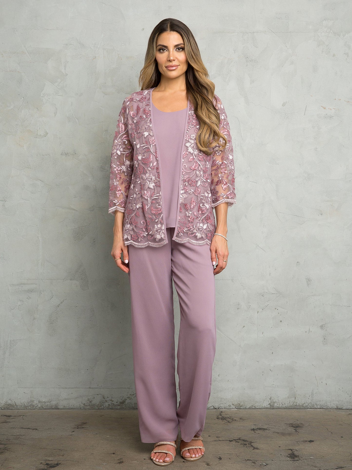 Ensemble Pantalon Veste Longue Formelle Eva Fashion 3483 Avec Haut En Jersey Et Veste Dentelle À Fleurs