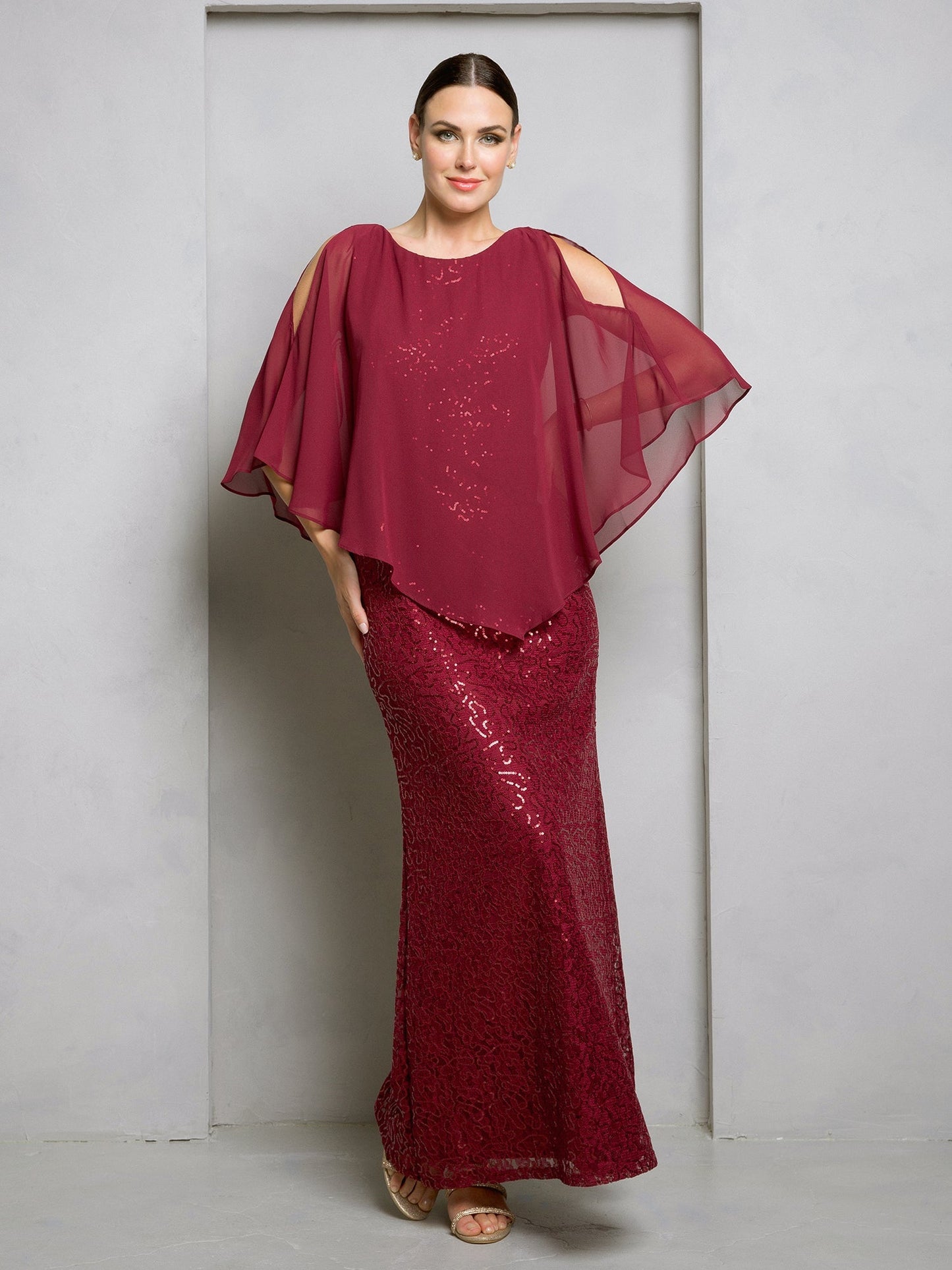 Robe Cape Longue Pour Mère De La Mariée Eva Fashion 3496 Élégante Avec Dentelle À Sequins Et Raffinée Pour Occasions
