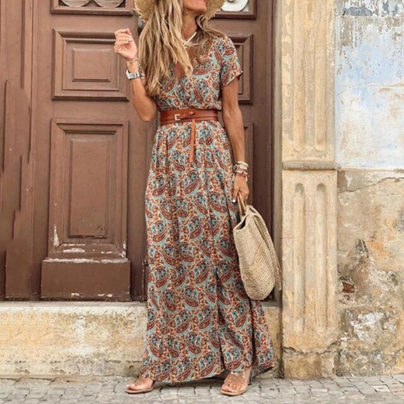 Harper Robe Maxi Femme Col V Manches Courtes Imprimé Floral Estival Élégante Décontractée Amawinc