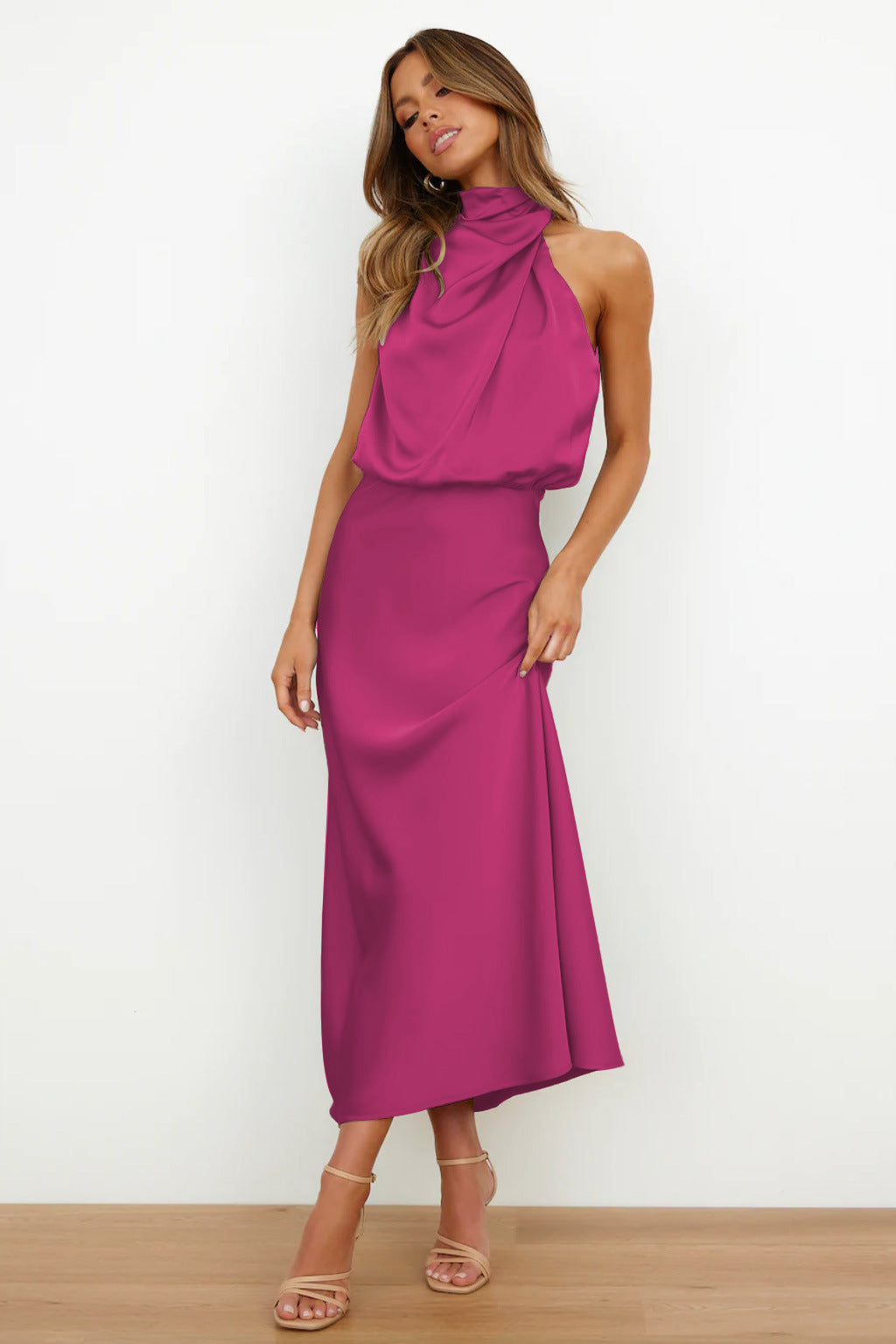 Amawinc Robe Satin Maxi Diane Pour Mariage Fête Soirée Romantique Printemps Été Élégante