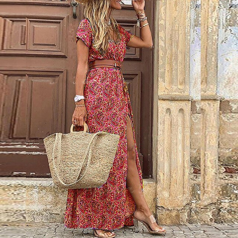 Harper Robe Maxi Femme Col V Manches Courtes Imprimé Floral Estival Élégante Décontractée Amawinc