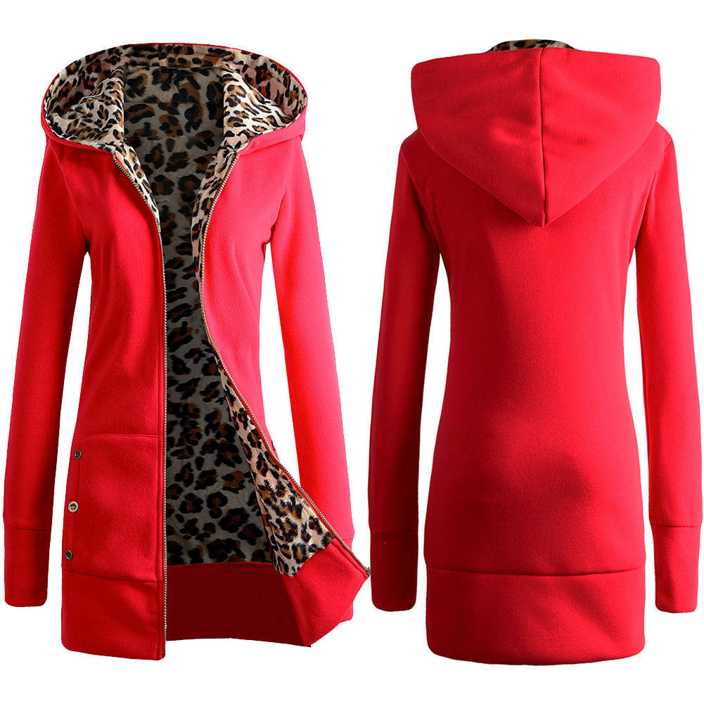 Damen Kapuzenpulloverjacke mit leopardem Innenfutter Amawinc