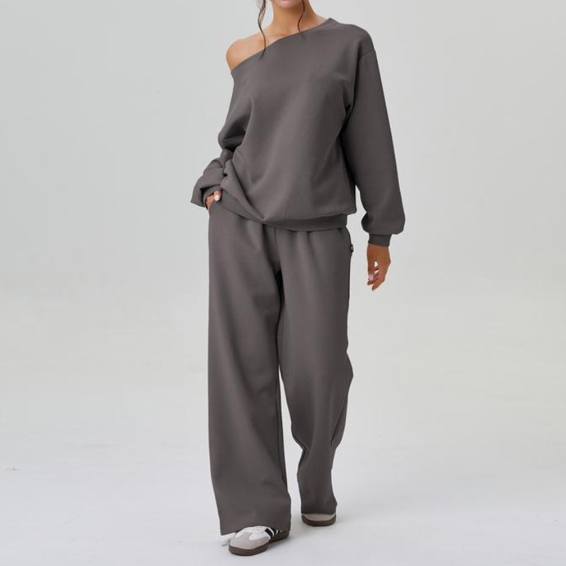 Ensemble Deux Pièces Coordonné En Maille Douce Avec Épaules Drapées Et Pantalon À Jambe Large Du Matin À La Soirée