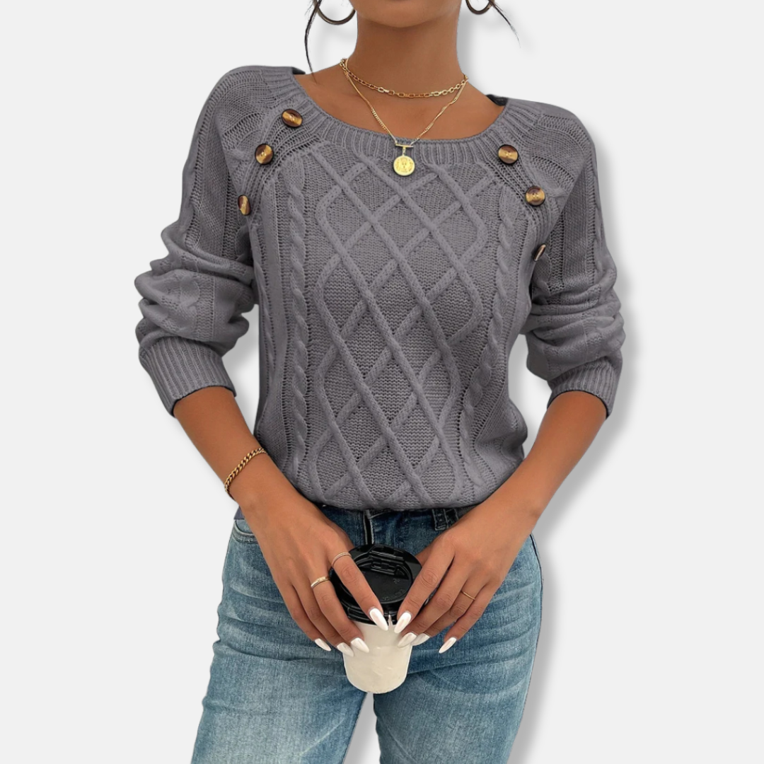 Top En Maille Pour Femme Coupe Décontractée Maille Cable Épaule Tombante Boutons Accent Poignets Côtelés