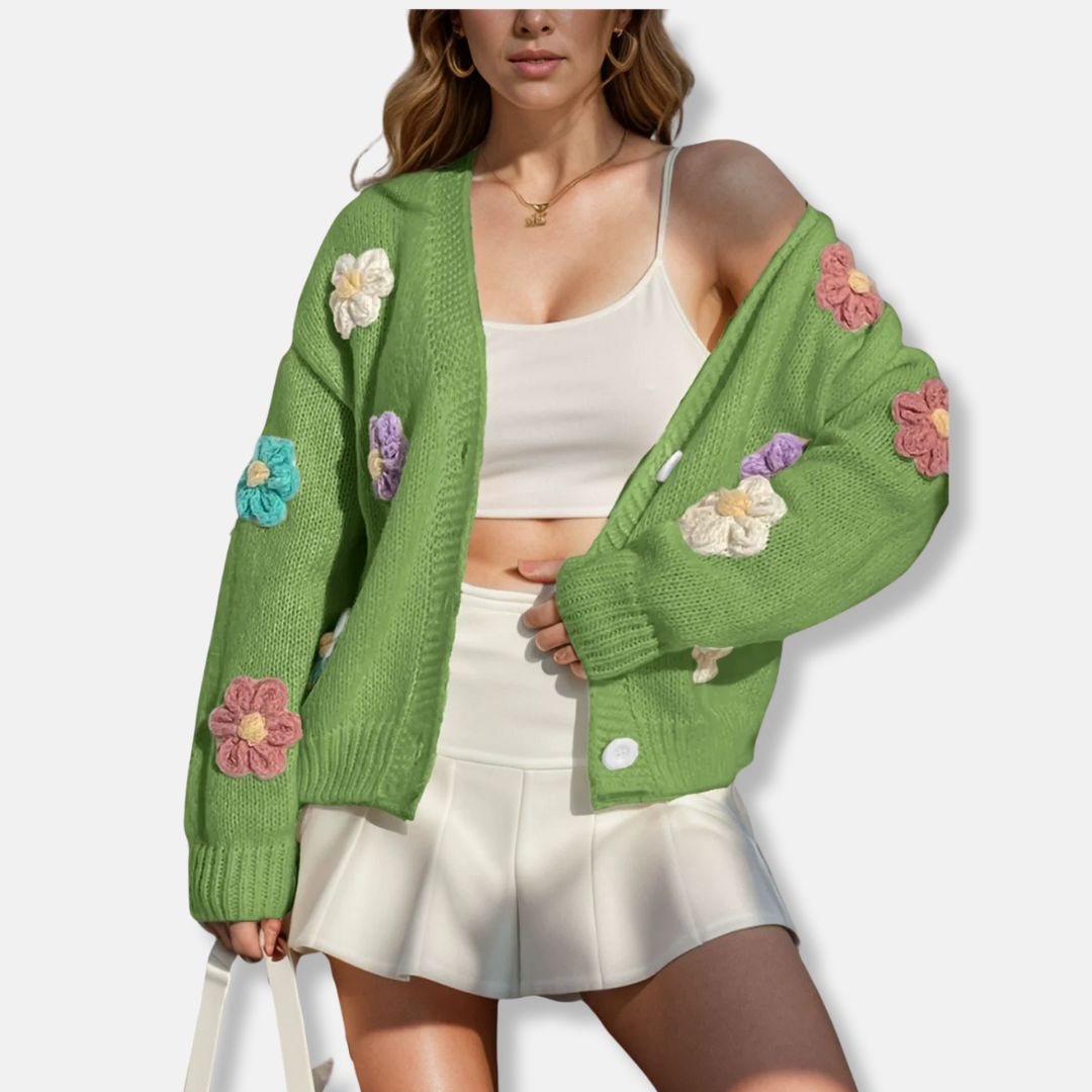 Cardigan En Maille Pour Femme Oversize Mélange De Laine Détails Floraux Faits Main Boutonné Devant