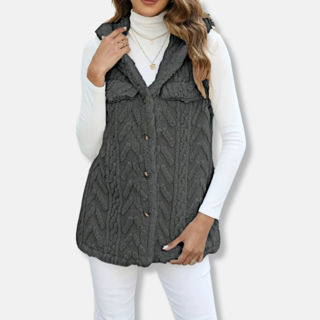 Gilet À Capuche Sans Manches Pour Femme En Maille Câblée Pelucheuse Avec Boutons Devant Poches Et Coupe Décontractée