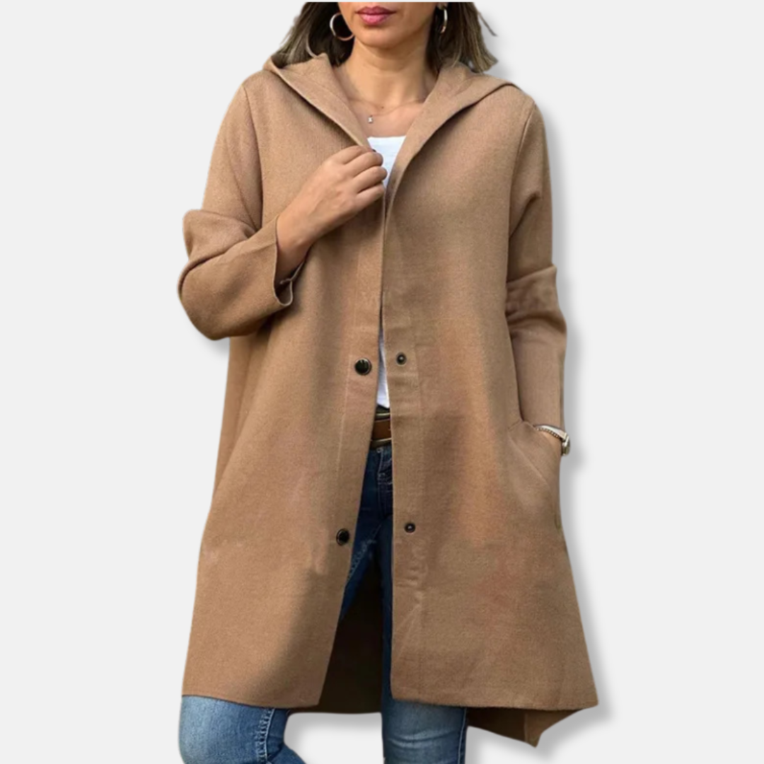 Manteau Femme En Laine Avec Capuche Et Fermeture À Boutons Pression Longueur Mi Cuisses