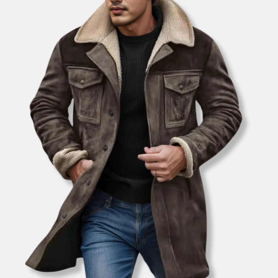 Manteau Trench Pour Homme Avec Tissu Effet Daim Et Col En Shearling, Coupe Décontractée, Fermeture Par Boutons