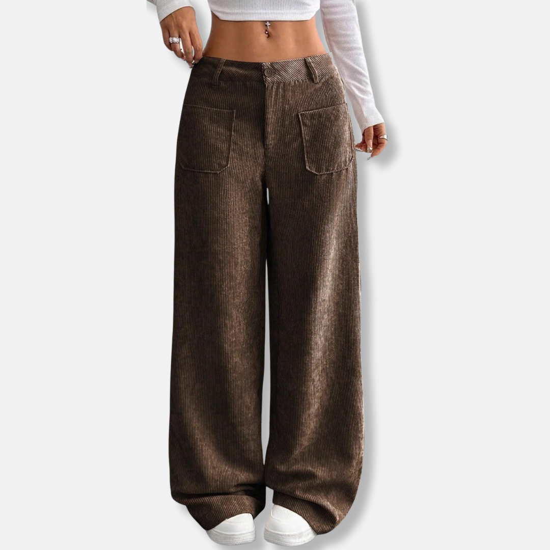Pantalon Femme Velours Côtelé Coupe Large Taille Haute Avec Poches Plaquées Avant
