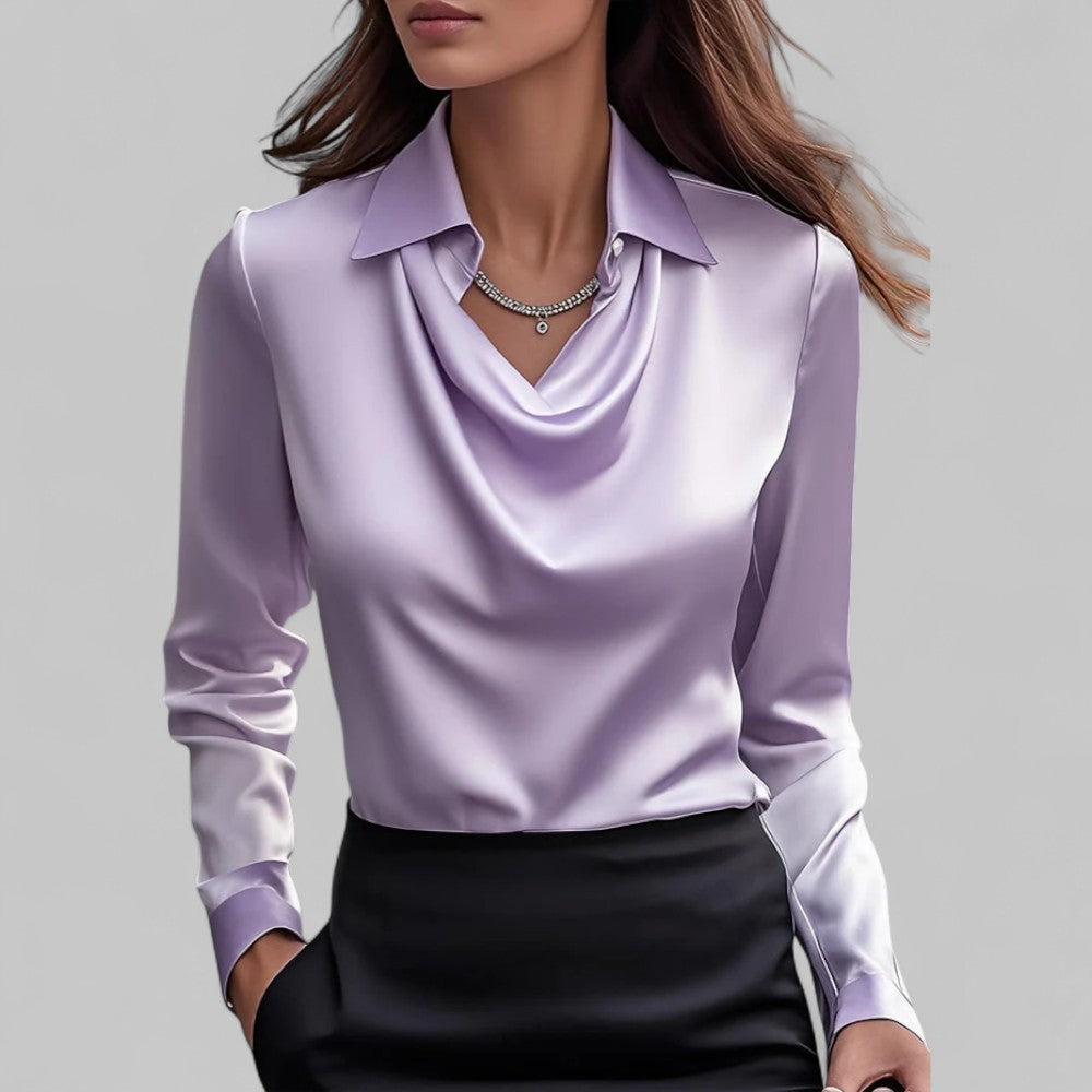 Blouse Satin Drapée Avec Encolure Délicate Rose Pour Femmes Manches Longues Élégante Confortable