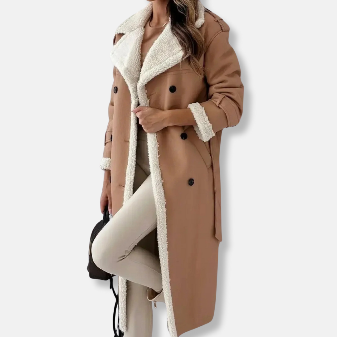 Manteau Long Femme Double Boutonnage Oversize Col Peluche Et Poignets Doublés Ceinture À Nouer