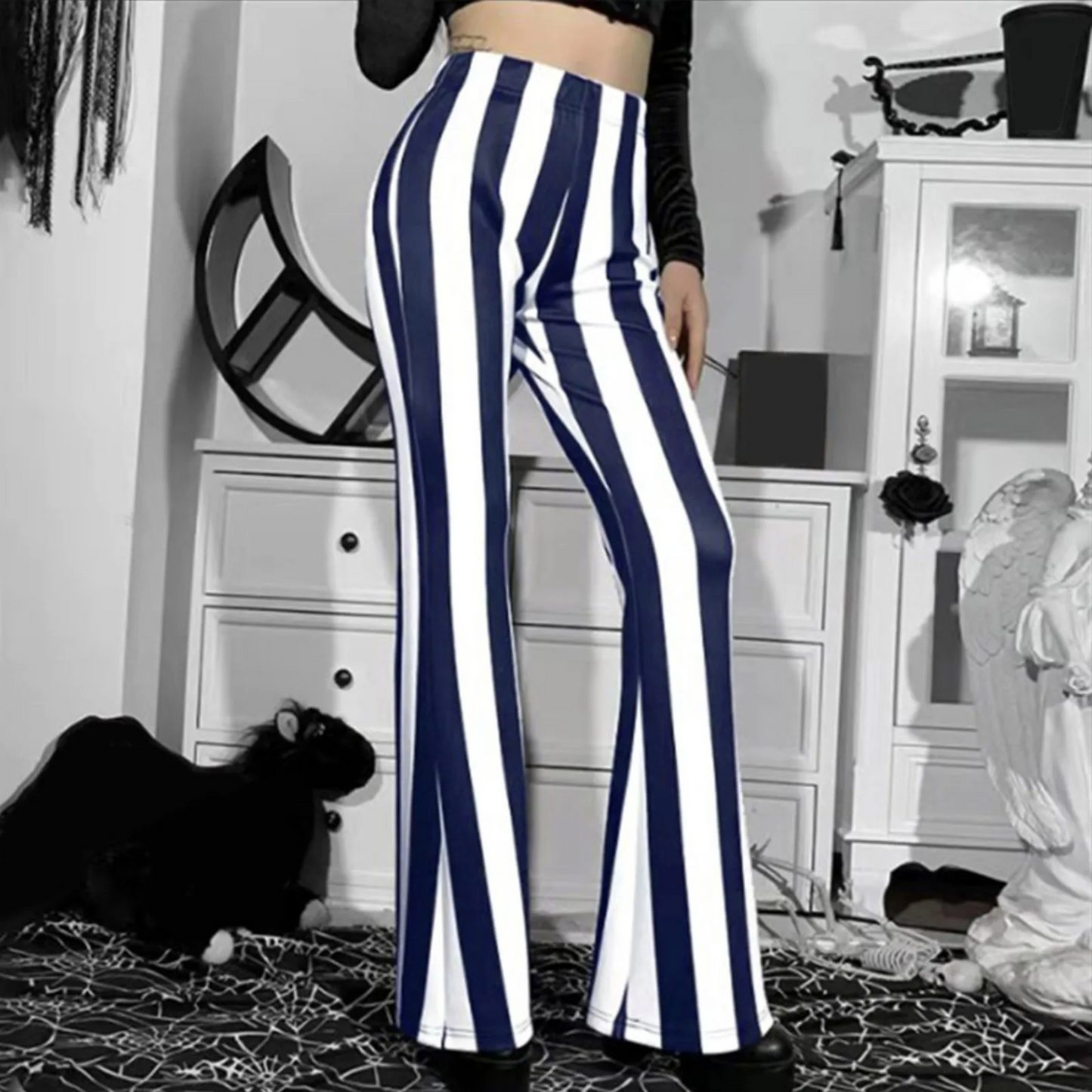 Pantalon Évasé Femme Taille Haute Tissu Extensible Rayures Verticales Confort Et Élégant