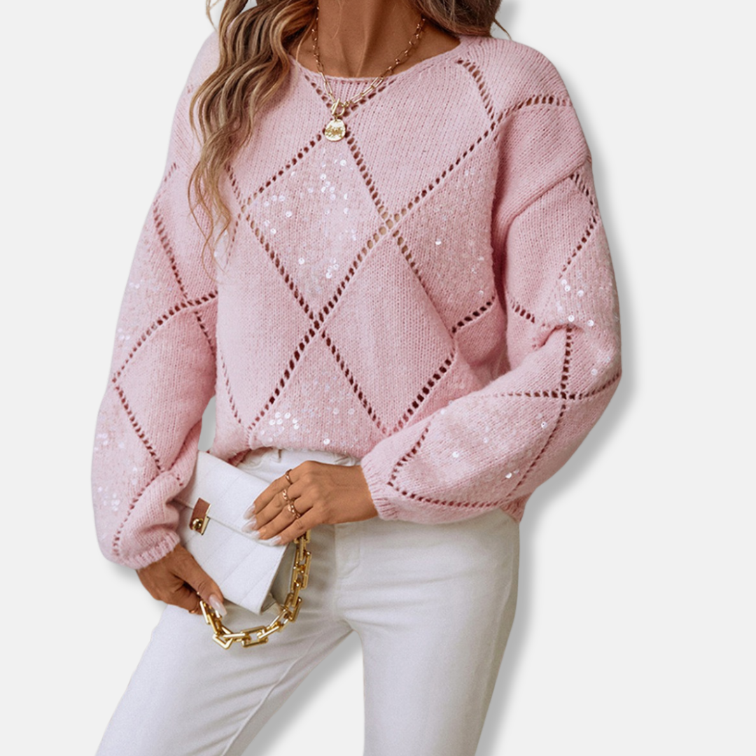 Pull Femme En Maille Coupe Décontractée Motif Ajouré Diamant Manches Longues À Sequins