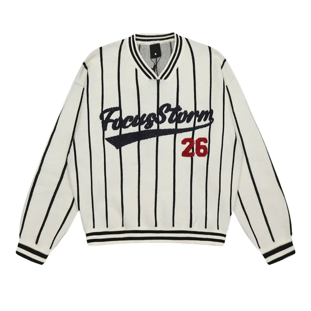 Pull Varsity À Rayures Pinstripe Col V Oversize Marine Et Blanc Avec Broderies Lettres Texturées