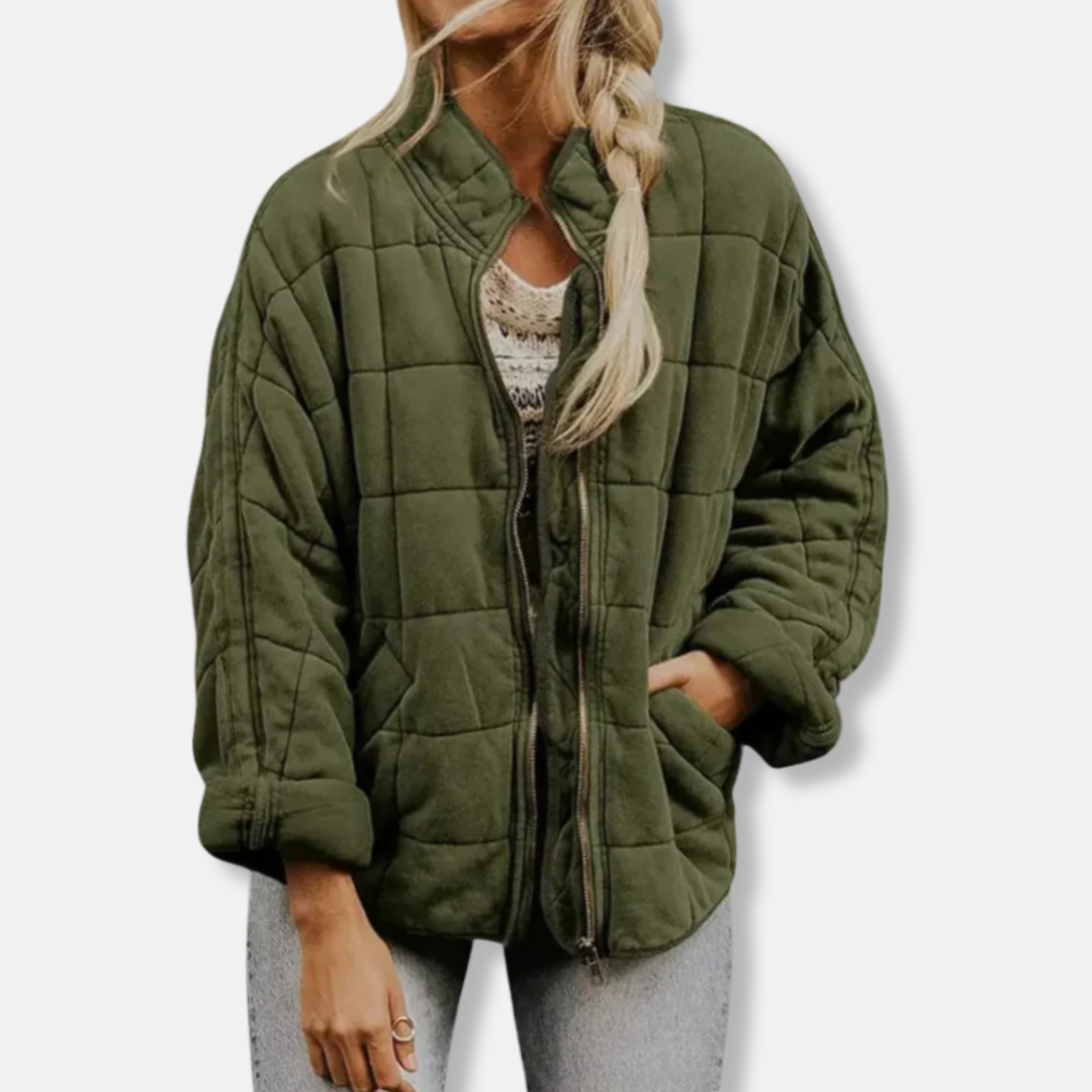 Manteau Matelassé Femme Oversize Col Montant Zip Frontal Longueur Hanche Nordisk Flair