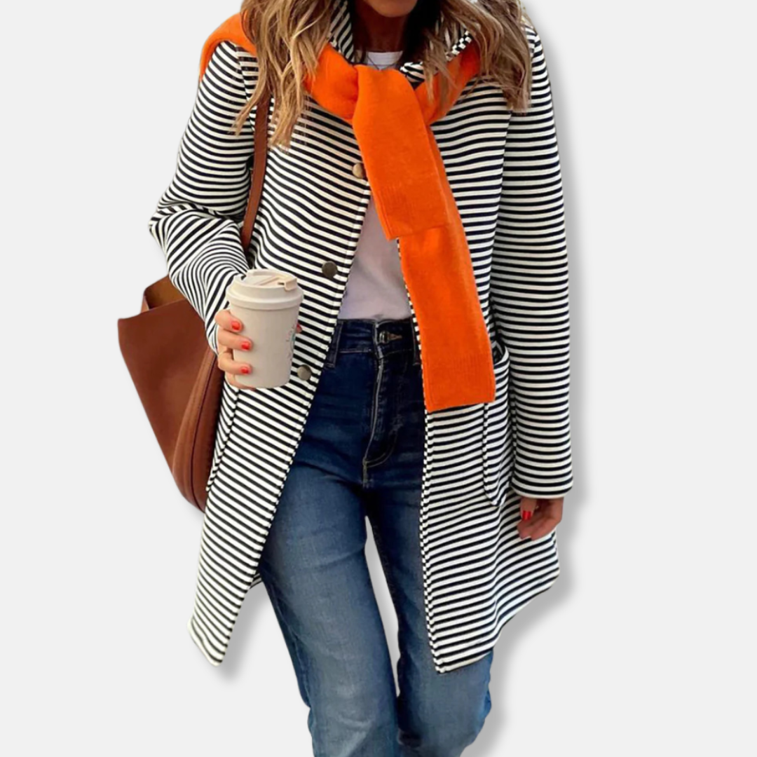 Trench Coat Femme Coupe Décontractée Longueur Mi Cuisse Rayé Coton Mélangé Double Boutonnage Nordisk Flair