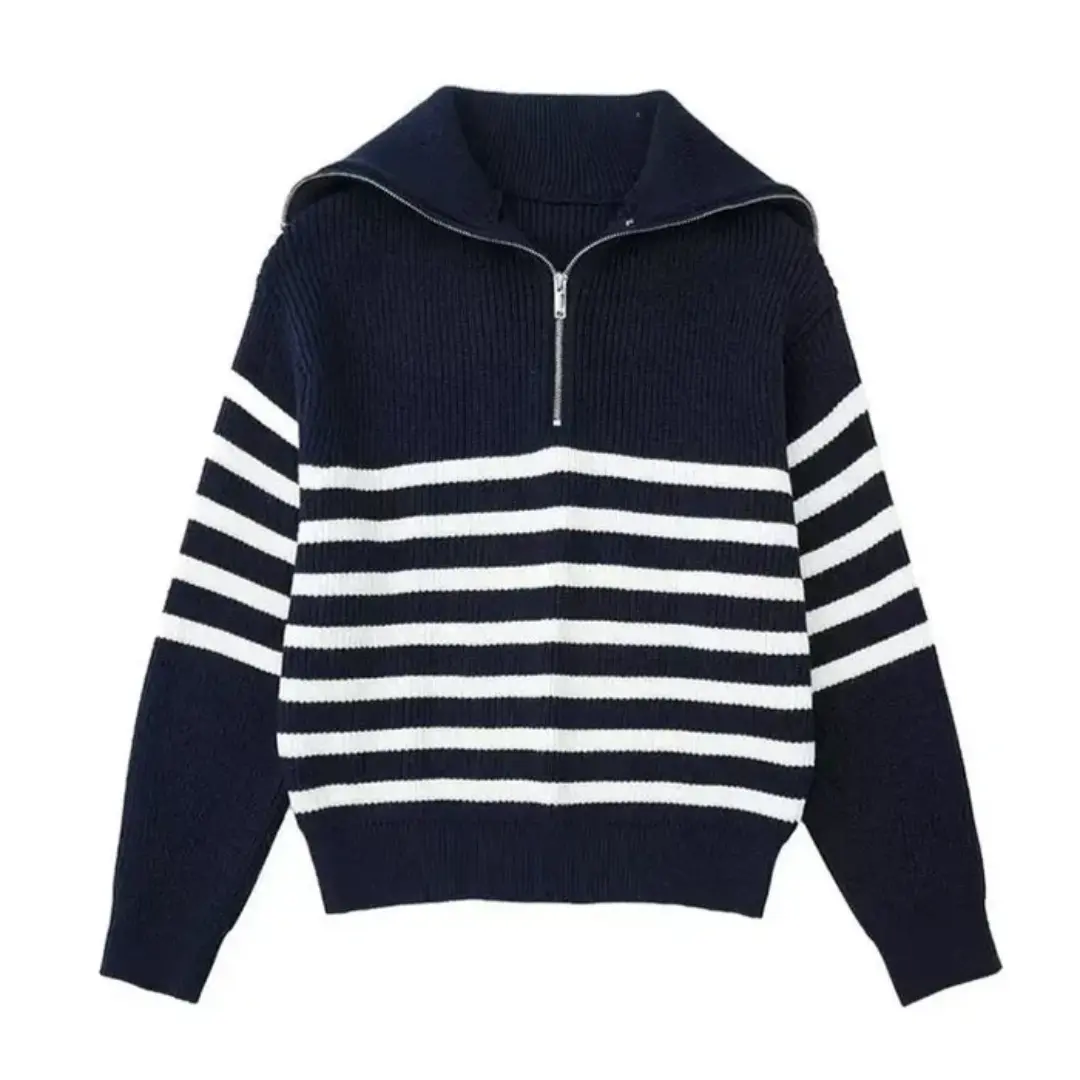Pull Zippé Nordique À Rayures Confortable Léger En Coupe Décontractée Style Marin