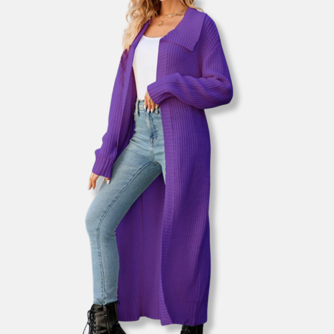 Cardigan Femme En Maille Laine Mélangée Coupe Ample Maxi Longueur Grand Revers Poignets Côtes Nordisk Flair Amawinc