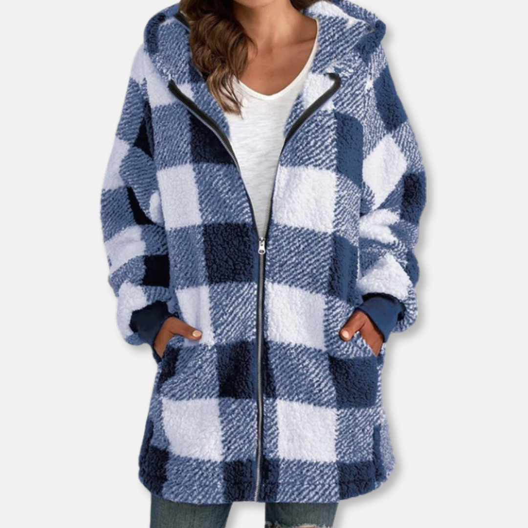 Veste À Capuche Femme Oversize En Maille Douce Longue Avec Zip Complet Et Motif Carreaux