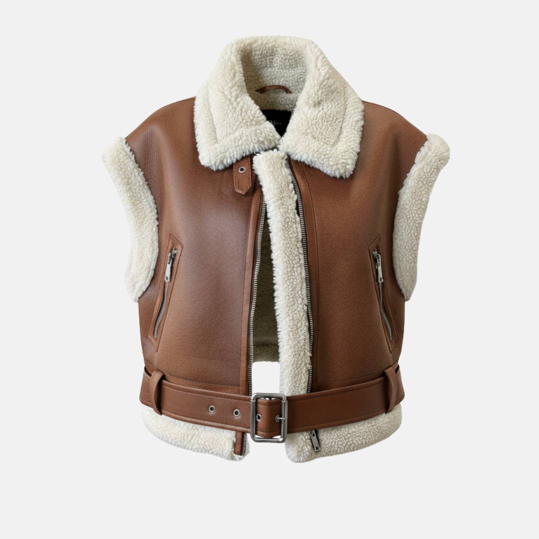 Veste Sans Manches Pour Femme En Faux Cuir Avec Col Cranté Et Taille Ceinturée Élégante